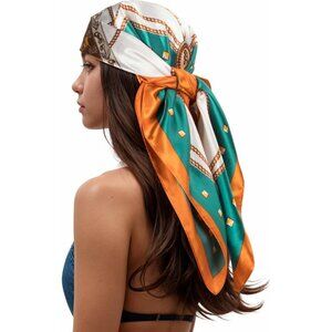 Women's Green/Brown Head Scarf Like Silk Printed Square Hair Bandanas 35 Inches
